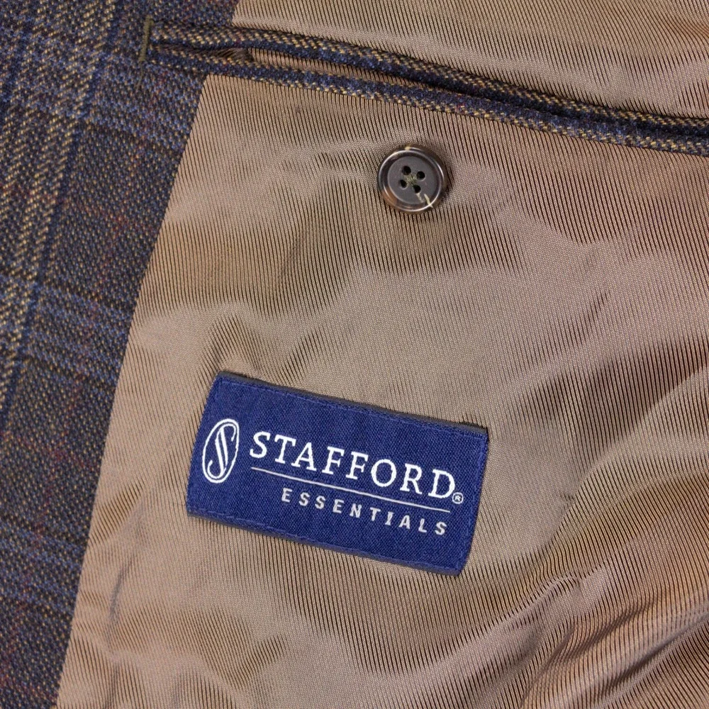 Stafford Sport Coat Blazer Mens 42R Slim Fit Brown Plaid Suede Elbow Patches